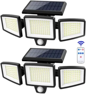 138 208 333 LEDs Solar Motion Sensor Wall Light Outdoor IP65 Waterproof 3 Head Flood Lamp with Remote and 3 Lighting Modes