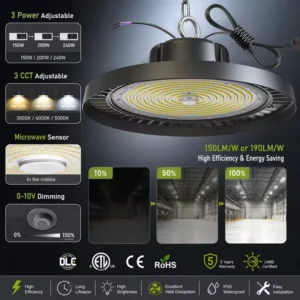 200W 150W 100W 3Power and 3CCT Adjustable LED UFO High Bay Light 150lm/W IP65 Waterproof Industrial Warehouse High Bay Lighting