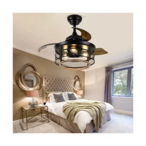 36” Luxury Fancy Retractable Chandelier DC Remote Control Blades Invisible Ceiling Fan Lamp Electric Metal Hotel Outdoor