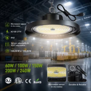 Aluminum UFO LED High Bay Light 60W 100W 150W 200W 240W 150LM W Dimmable Factory Workshop Industrial Warehouse Lighting DLC ETL