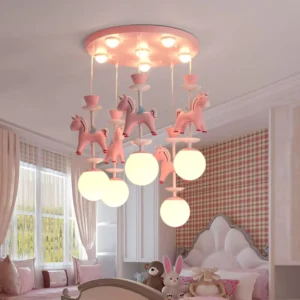 Children’s Room Chandelier Pink Wooden Horse Lamp Cute Cartoon Girls Study Bedroom Bedside Lamps