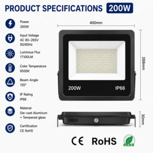 Energy Saving Long Lifespan LED Flood Light 200W IP66 Waterproof Outdoor Floodlight for Home Garden Yard Commercial Lighting