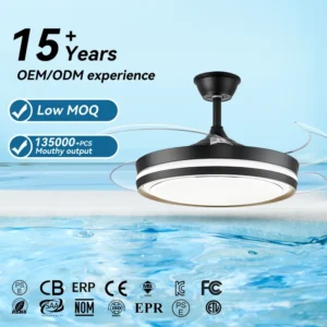 Folded Plastic Blades Black Color Home Bedroom Living Room Use Metal Body Pure Copper BLDC Motor LED Ceiling Fan with Light