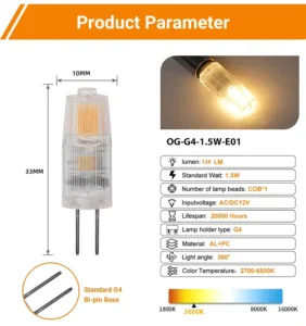 G4 LED Bulb AC/DC 12V 1.5W Flicker-free 2700-6000K Light for Chandelier Wall Lamp