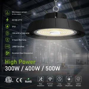 High Lumen UFO LED High Bay Light 300W 400W 500W 150lm/W for Warehouse Factory Industrial Ceiling Lighting ETL Listed