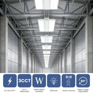 Industrial Hanging Linear High Bay Light 100W 300W Warehouse Factory Gym Workshop CCT Dimming 0-10V ETL FCC 5 Year