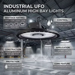 Industrial UFO Aluminum High Bay Lights 100W 150W 200W 240W Water Resistant Electronic Control IP65 Warehouse Lighting