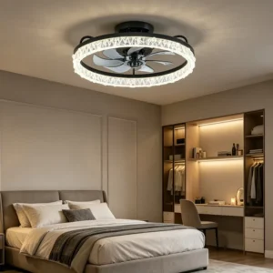 Luxury Round Crystal Hidden Blade Ceiling Fan Light Modern Decorative LED Lamp for Home Bedroom Dining Room