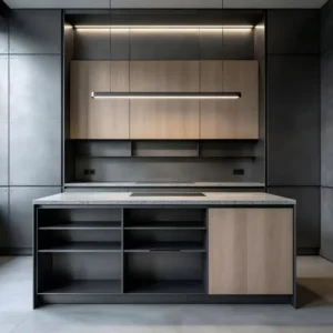 Modern Industrial Style Kitchen Cabinets Dark Grey & Wood With Island Open Shelves LED Lighting Custom ENF Grade KDPacking