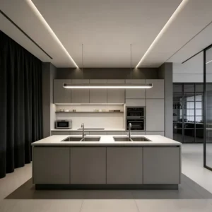Modern Integrated Design of Modern Kitchen Cabinets with Large Double Sink Island for Luxury Villa Projects