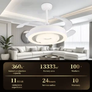 Modern White 4 Blade Invisible Decorative Rechargeable LED DC Motor Ceiling Fan with Light Remote Household Use Foldable Design