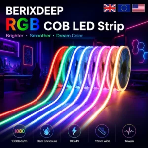 RGB 24V 12mm 1080 LEDs/M COB LED Strip Color Changing Dotless Flicker-Free Self-Adhesive Tape Light for Cabinet