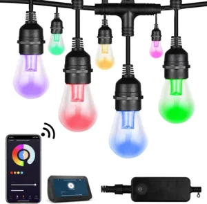 Smart LED Outdoor String Lights RGB Patio Lights WiFi and App Control RGBW Color Changing IP65 Waterproof Lamp