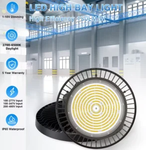 USA DLC ETL Listed 1 10V Dimmable IP65 Aluminum LED UFO High Bay Fixture 60 240W 150LM W Commercial Workshop Highbay Lighting