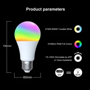 Wireless RGB Multicolor Dimmable WiFi App Tuya Remote Control Smart Bulb for Garage & Car LED Works Homekit Alexa Google Home